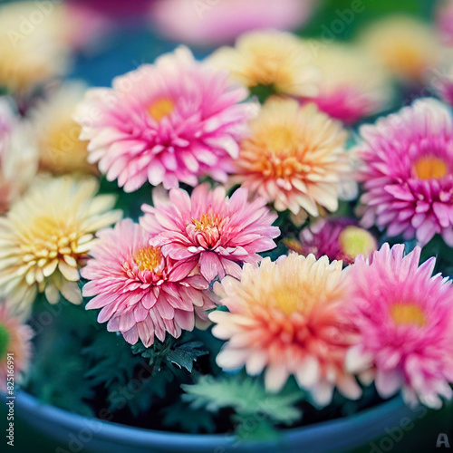 Mix of Chrysanthemum Flowers in the Flowerpots. Natural Light Selective Focus

