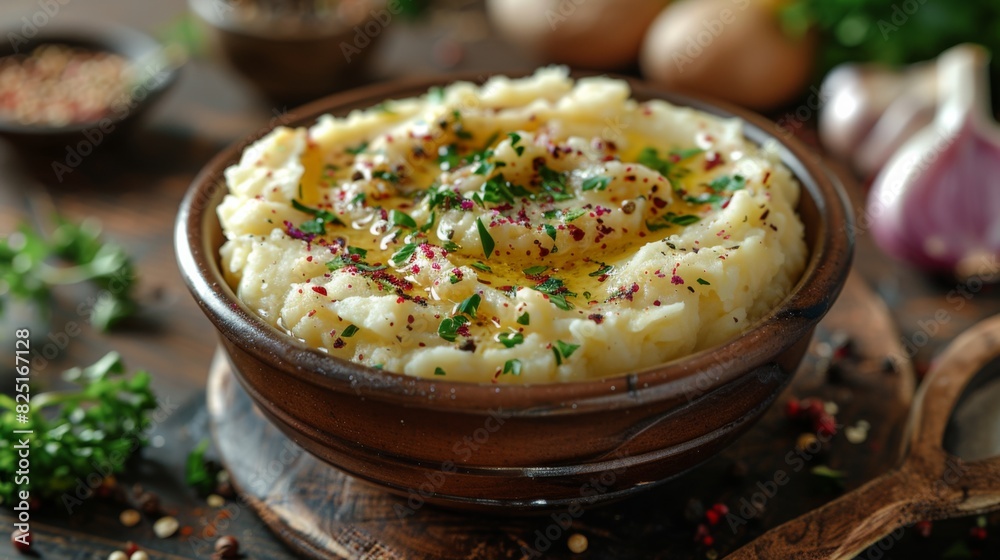 Showcase the creamy smoothness of a bowl of creamy mashed potatoes, featuring buttery flavor and a sprinkle of fresh herbs. Showcase the creamy smoothness of a bowl of creamy mashed potatoes, featuring buttery flavor and a sprinkle of fresh herbs.