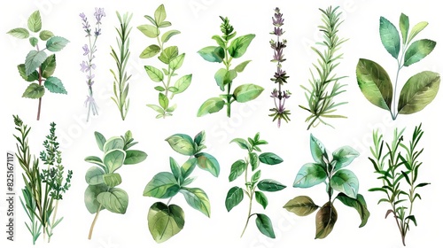 watercolor set of fragrant garden herbs botanic illustration collection
