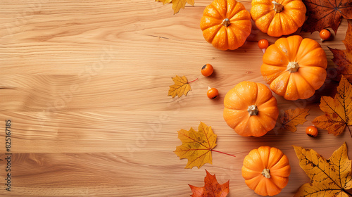 Autumn decoration with pumpkins, berries, and leaves on a wooden table. Thanksgiving day and Halloween theme. Bird's-eye view, flat lay