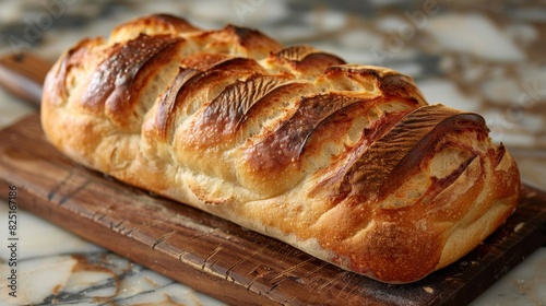 Highlight the golden-brown crust and fluffy interior of a loaf of freshly baked bread, featuring artisanal scoring and a rustic