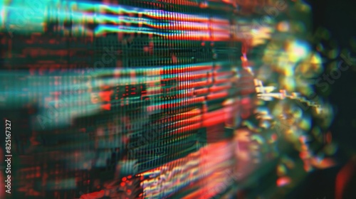 Closeup of static interference and glitch noise on a CRT television, with distorted visual effects stripes © Nakarin