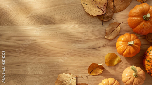 Autumn decoration with pumpkins and leaves on a wooden table. Thanksgiving day and Halloween theme. Bird's-eye view, flat lay