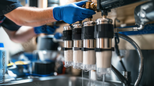 A close-up of a technician installing an advanced water filtration system under a sink. Dynamic and dramatic composition, with cope space