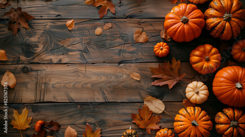 Autumn decoration with pumpkins, and leaves on a wooden table. Thanksgiving day and Halloween theme. Bird's-eye view, flat lay