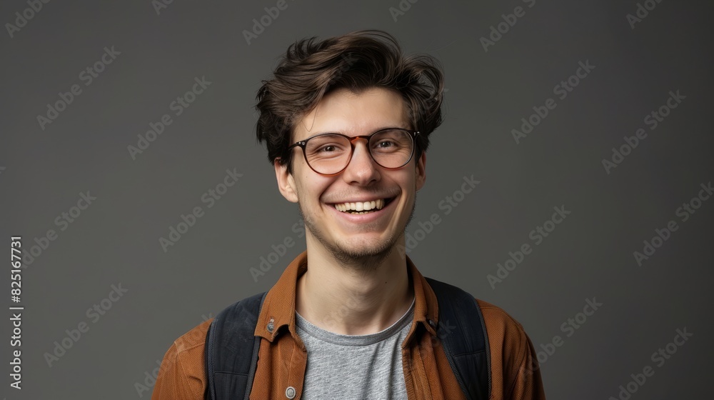 Fototapeta premium Portrait of young handsome smiling business guy wearing gray shirt and glasses, feeling confident with crossed arms, isolated on white background
