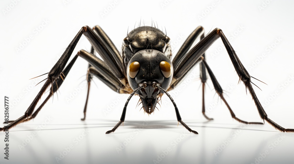 Fototapeta premium Detailed macro portrait of a mosquito on white background for optimal search visibility