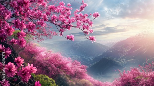 Pink blossoms of Judas tree against a stunning spring nature backdrop photo