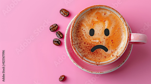 Sad coffee cup face expressing negative emotion on pink background. Concept of bad mood, dissatisfaction.