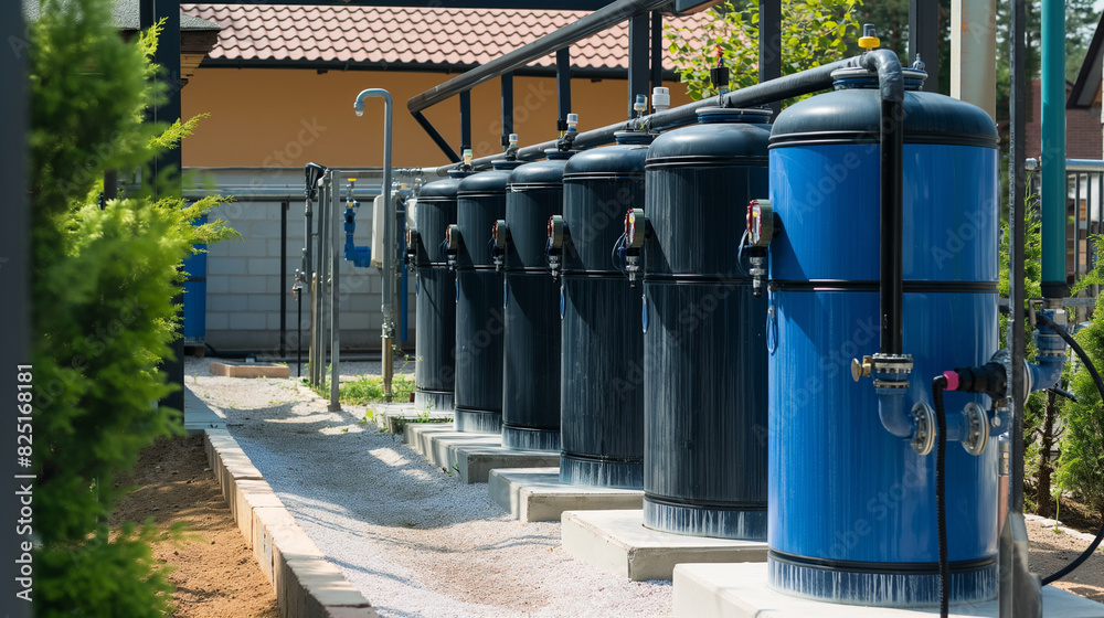 A modern water purification system installed in a community setting, providing clean water to multiple people. Dynamic and dramatic composition, with cope space