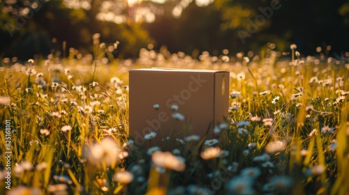 Cardboard box in a summer meadow for nature and delivery themed designs photo