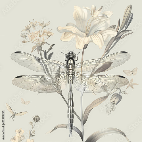 Dragonfly and plant with white flowers, vintage botanical print style. AI generated. photo