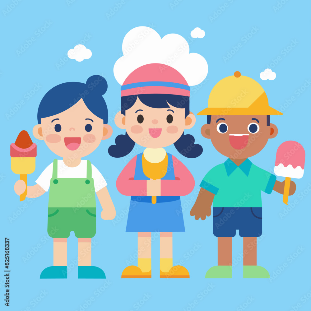 A playful illustration of children enjoying ice cream, each holding a different flavored cone, set against a bright blue background. A playful illustration of children enjoying ice cream, each holding a different flavored cone, set against a bright blue background.