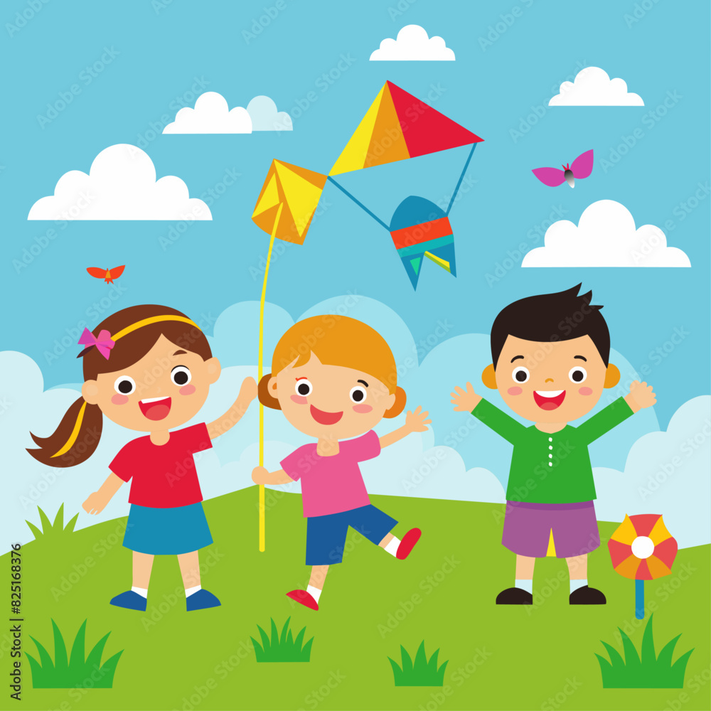A cheerful illustration of three children flying kites on a sunny day with a bright blue sky and fluffy clouds, enjoying their time outdoors. A cheerful illustration of three children flying kites on a sunny day with a bright blue sky and fluffy clouds, enjoying their time outdoors.