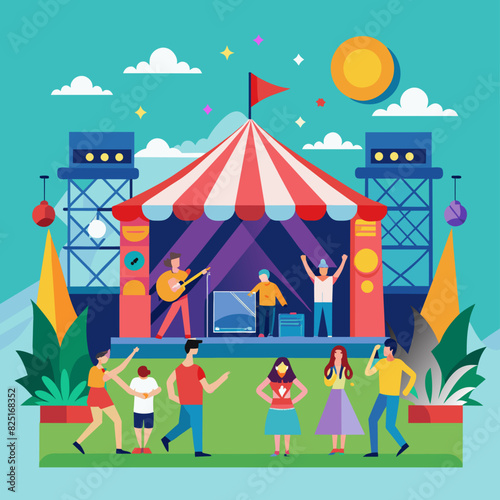 n illustration of an outdoor concert with a stage, musicians performing, and people dancing and enjoying the event under a bright sky.