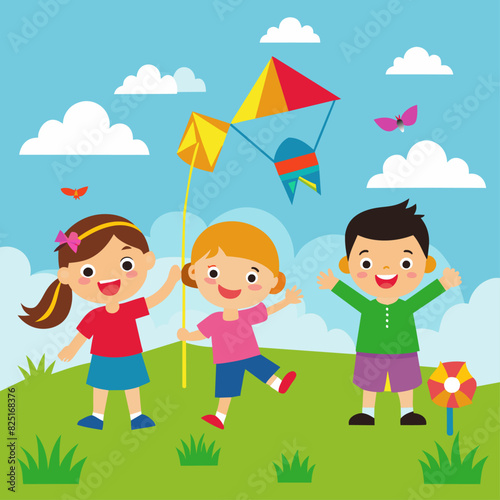 A cheerful illustration of three children flying kites on a sunny day with a bright blue sky and fluffy clouds  enjoying their time outdoors.
