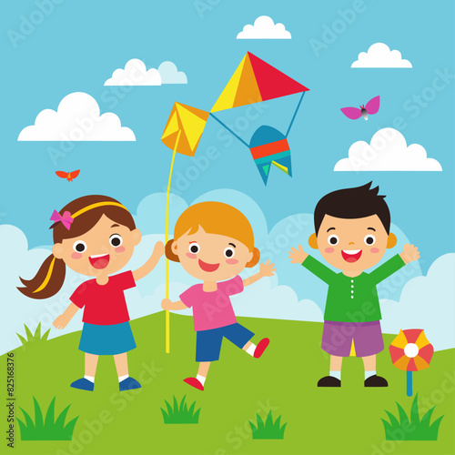 A cheerful illustration of three children flying kites on a sunny day with a bright blue sky and fluffy clouds, enjoying their time outdoors.