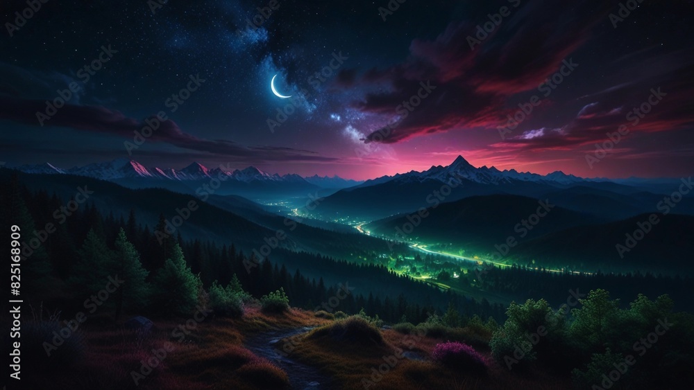 mountains with a very beautiful and peaceful moon mountains with a very beautiful and peaceful moon