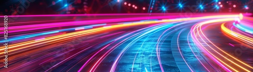 Technology in motion  neon light trails on a futuristic digital roadway  showcasing advanced network communication