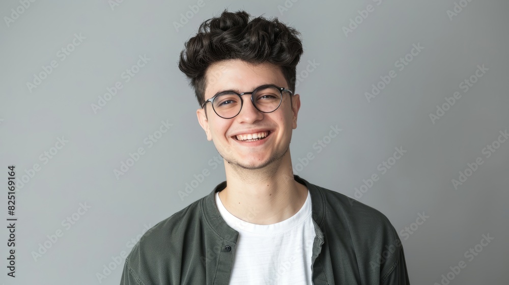 Portrait of young handsome smiling business guy wearing gray shirt and glasses, feeling confident with crossed arms, isolated on white background Portrait of young handsome smiling business guy wearing gray shirt and glasses, feeling confident with crossed arms, isolated on white background