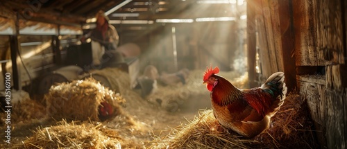 Rooster in barn with hay bales in morning light photo