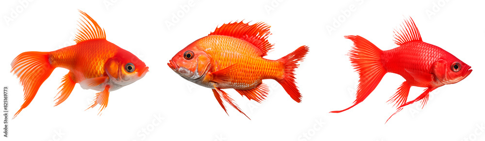 Set of different fishes isolated on white or transparent background. Close-up of orange fishes, side view. A graphic design element to be inserted into a project.