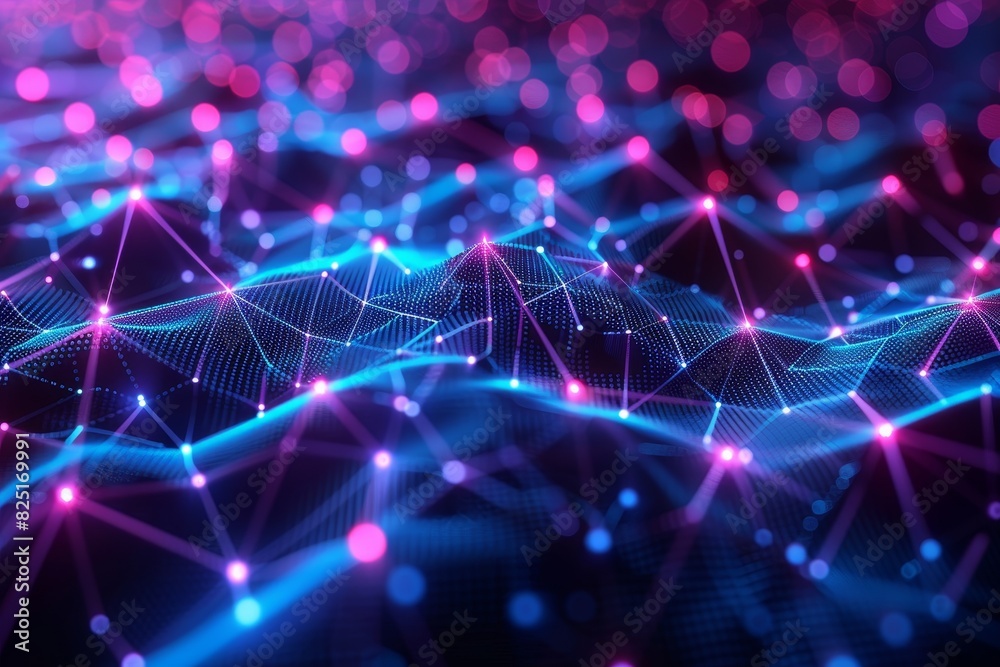 Abstract futuristic digital technology background with glowing lines and nodes, vibrant blue and pink colors Abstract futuristic digital technology background with glowing lines and nodes, vibrant blue and pink colors
