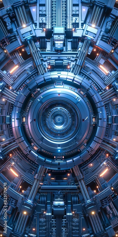 Fototapeta premium futuristic, technology, abstract, background, circular, glowing, lights, mechanism, machine, robot, cyberpunk, science, fiction, digital, art, 3d, circuit, board, electronics, steel, chrome