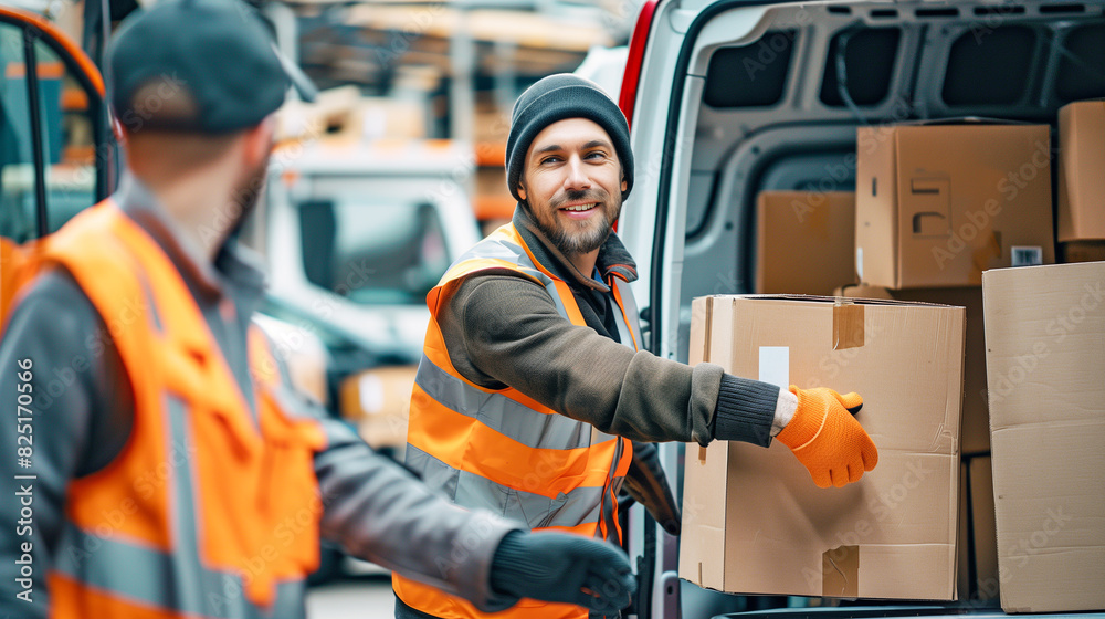 Transportation workers wearing uniforms unloading package boxes from a delivery van, promoting sustainable logistics solutions for reducing carbon footprint. Transportation workers wearing uniforms unloading package boxes from a delivery van, promoting sustainable logistics solutions for reducing carbon footprint.