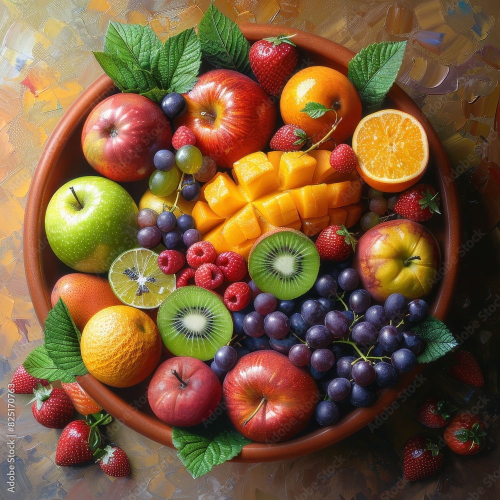 Fresh and colorful fruit assortment in a wooden bowl with vibrant colors and textures.