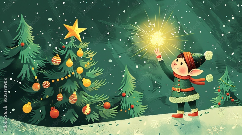 Fototapeta premium Christmas elf with sparkle near a decorated tree