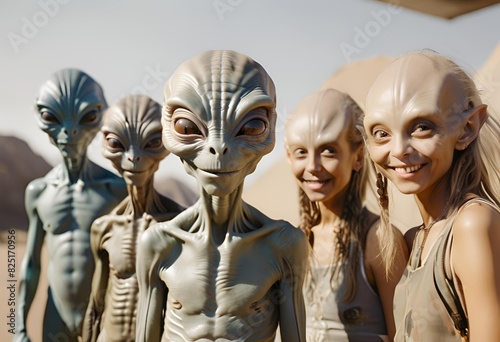 Desain taThe group of aliens stares at the camera with a smile,generative ai
 photo