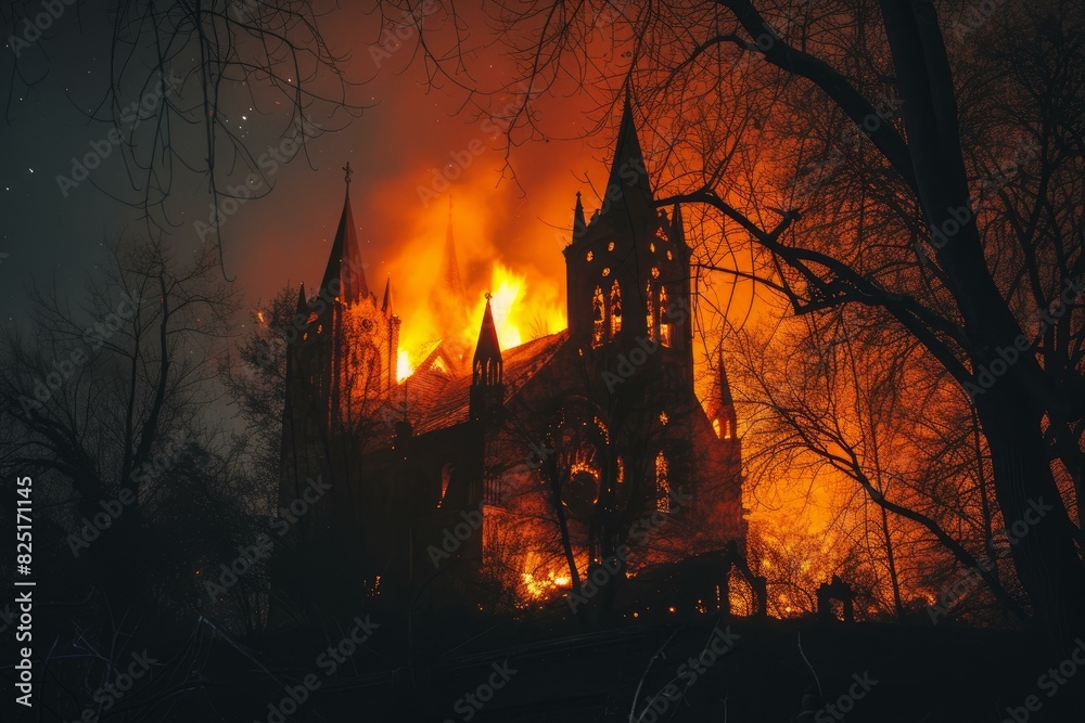 Haunting image of a gothic-style church consumed by fire, silhouetted by the inferno Haunting image of a gothic-style church consumed by fire, silhouetted by the inferno