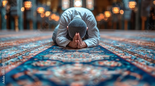 Islamic photo. Muslim man praying in the mosque. Sunlight rays and haze through the window. Ramadan or islamic concept photo with copy space for texts. photo
