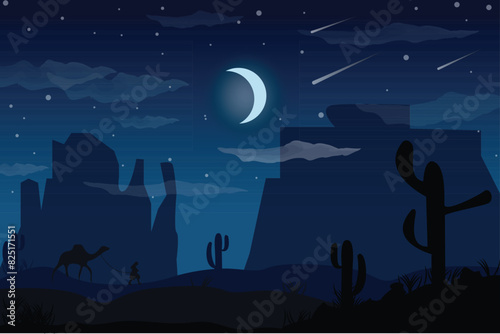 Vector illustration of Western Texas desert panoramic view on night time with mountains, cactus with star,camel and moon on the sky in flat cartoon style
