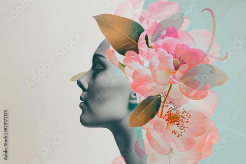 Abstract Female Portrait with Floral Elements and Gradient Pastel Background