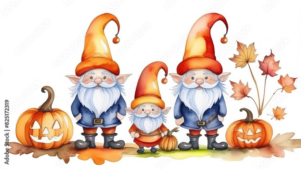 Fototapeta premium Watercolor gnomes, pumpkins, autumn leaves on a white isolated background, Happy Halloween holiday, different Halloween elements on a white background.