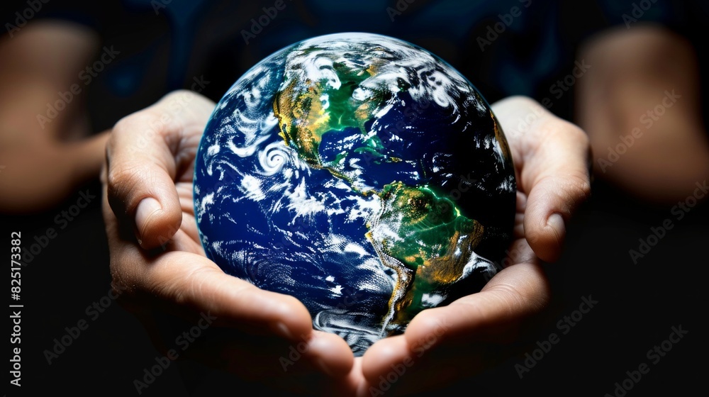 Human holding Earth in hands against green background and sun rays. Ecology concept, earth day. Human holding Earth in hands against green background and sun rays. Ecology concept, earth day.