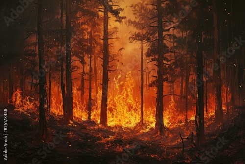 Dramatic view of a wildfire engulfing a forest at twilight  depicting nature s fury