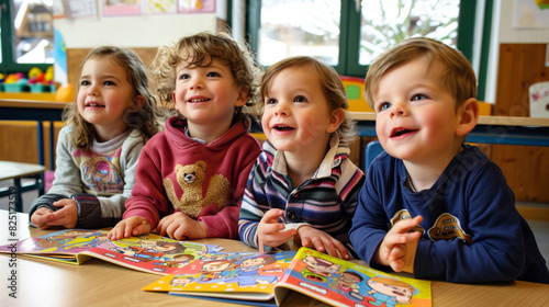 Kinder im Kindergarten haben SpaÃŸ und sind interessiert an Lesestunde. photo