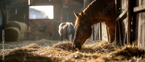 A brown horse eating hay in a barn with a white pony in the background