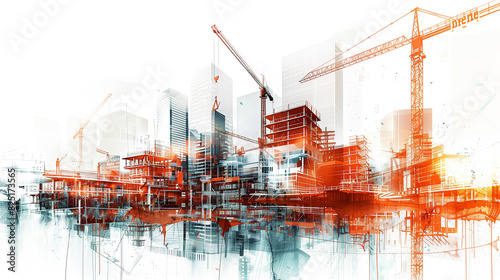 digital building construction engineering with double exposure graphic design. Building engineers, architect people, or construction workers working.