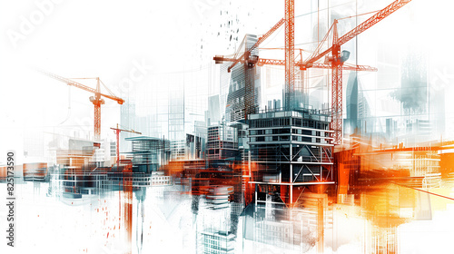 digital building construction engineering with double exposure graphic design. Building engineers, architect people, or construction workers working.