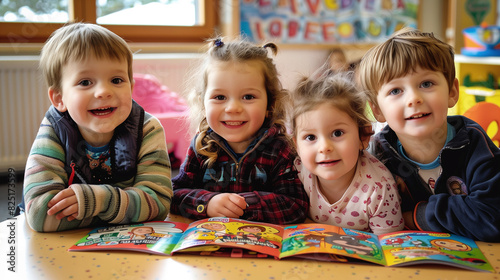 Kinder im Kindergarten haben SpaÃŸ und sind interessiert an Lesestunde. photo