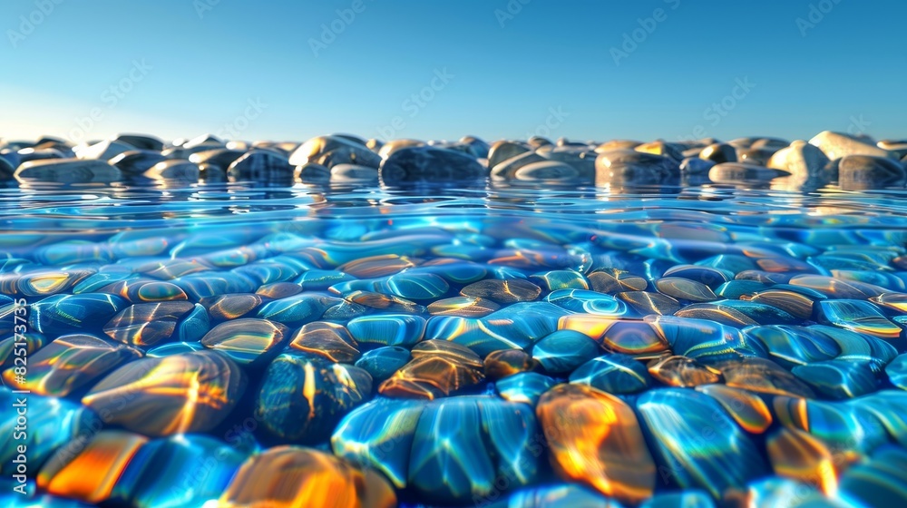 Abstract underwater scene with colorful smooth pebbles and blue water, vibrant reflections, sunlight and blue sky background.
