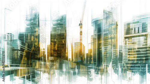 digital building construction engineering with double exposure graphic design. Building engineers, architect people, or construction workers working.