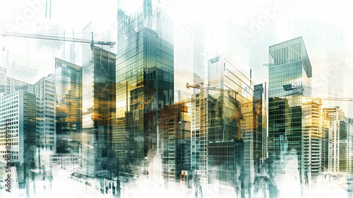 digital building construction engineering with double exposure graphic design. Building engineers  architect people  or construction workers working.