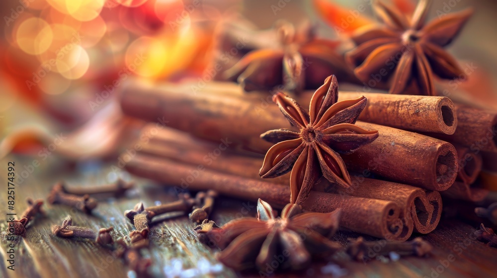 Cinnamon sticks, star anise, and cloves for a cozy holiday atmosphere Cinnamon sticks, star anise, and cloves for a cozy holiday atmosphere
