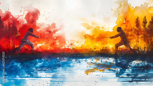 Watercolor illustration of two fencers competing, with vibrant red, orange, and blue hues, symbolizing the Olympic Games photo