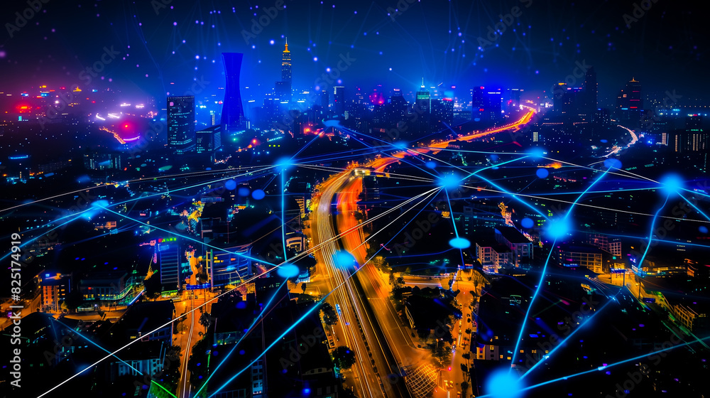 Modern city with wireless network connection and city scape concept. Wireless network and Connection technology concept with city background at night. Modern city with wireless network connection and city scape concept. Wireless network and Connection technology concept with city background at night.